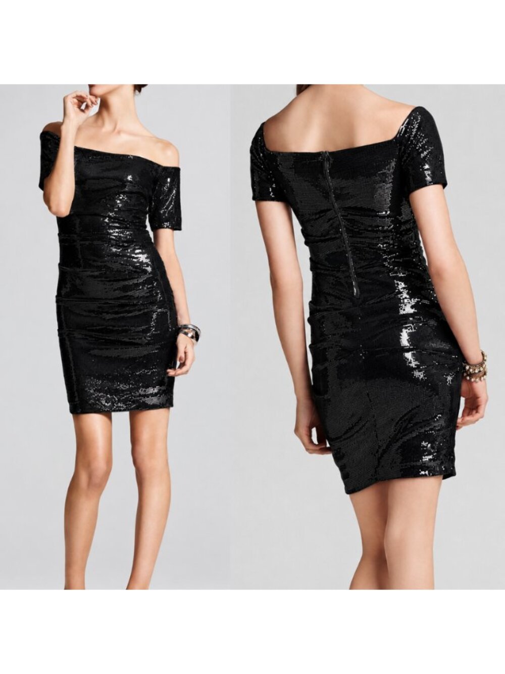 Nicole Miller Off-The-Shoulder Ruched Sequin Dress in Black 4